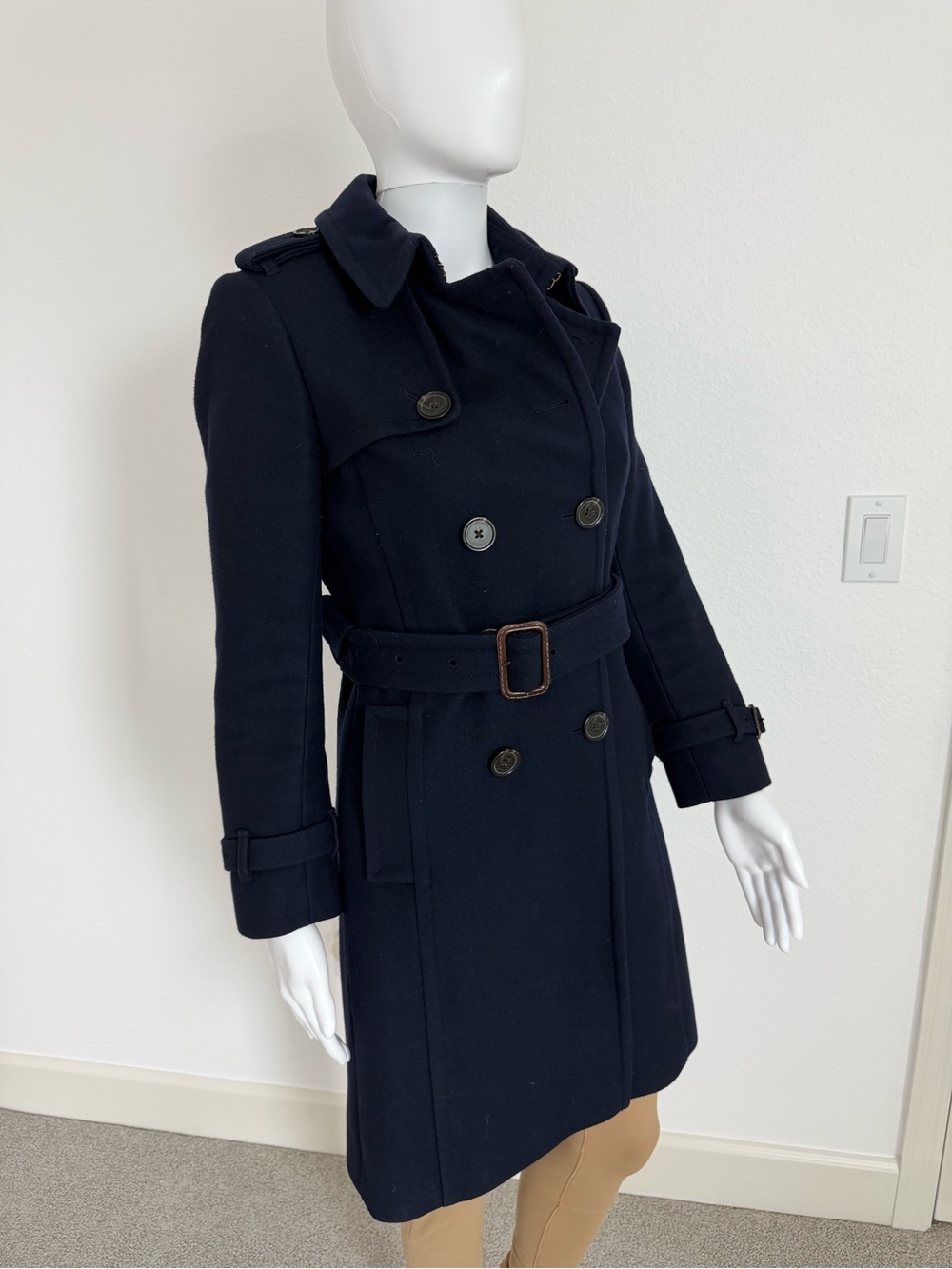 Classic Navy Double-Breasted Wool Cashmere Blend Icon Trench Coat with Belt - Picture 6 of 9